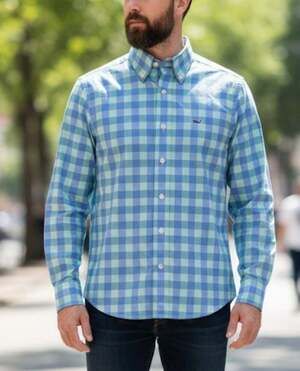 Vineyard Vines Slim Fit Whale Shirt Blue Green Gingham Plaid Button Down Size S